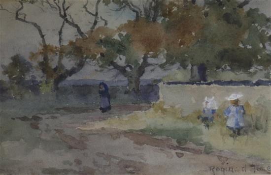 Reginald Jones, watercolour, children on a lane, signed, 14 x 21cm